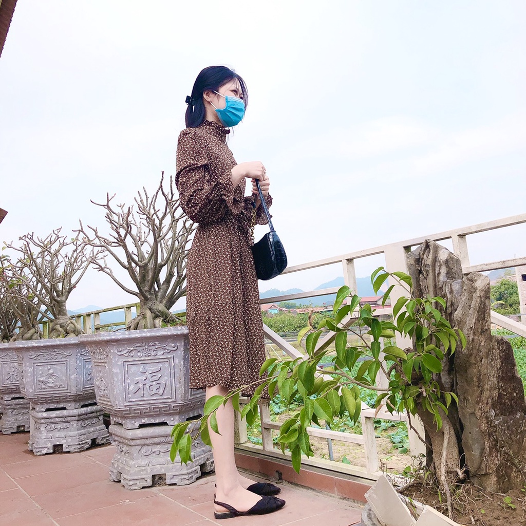 Váy Hoa Nhí Vintage Dáng Suông Thắt Đai Eo Đầm Hoa Tay Bồng Nữ Tính