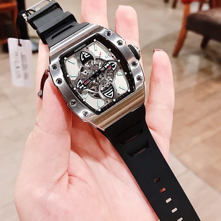 Đồng Hồ Huboler Hanboro Nam Automatic Dây Silicon Đen Silver Chính Hãng 40x48mm