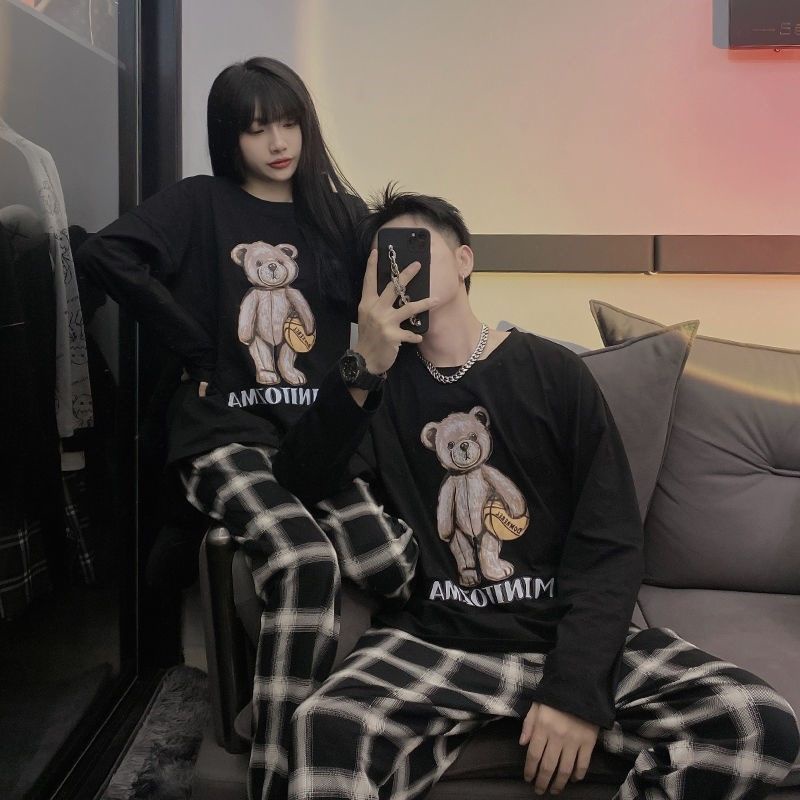 Set đồ ngủ tay dài dáng rộng phong cách Hàn Quốc dễ thương thời trang mùa thu cho nam nữ