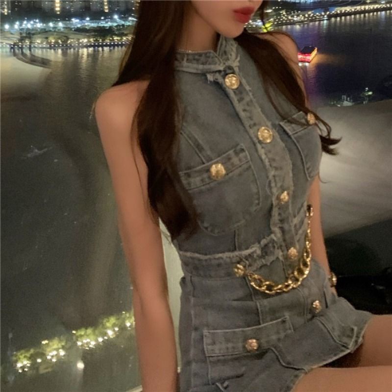 Jiashucheng Hàng Có Sẵn Đầm Denim Ngắn Dáng Chữ a Ôm Eo Sờn Phong Cách Mới 2022 Mùa Hè Cho Nữ