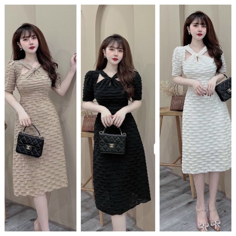 Váy xốp nhăn xoắn ngực hở vai