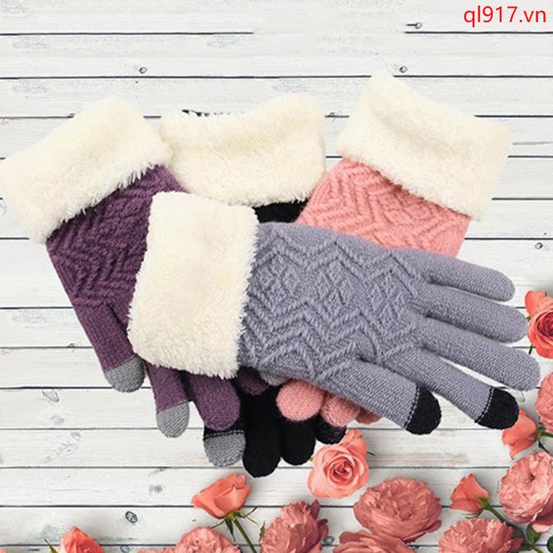 Thời Trang Găng Tay Len Hở Ngón Phối Lông Thỏ Mềm Mại Ấm Áp Cho Nữ
