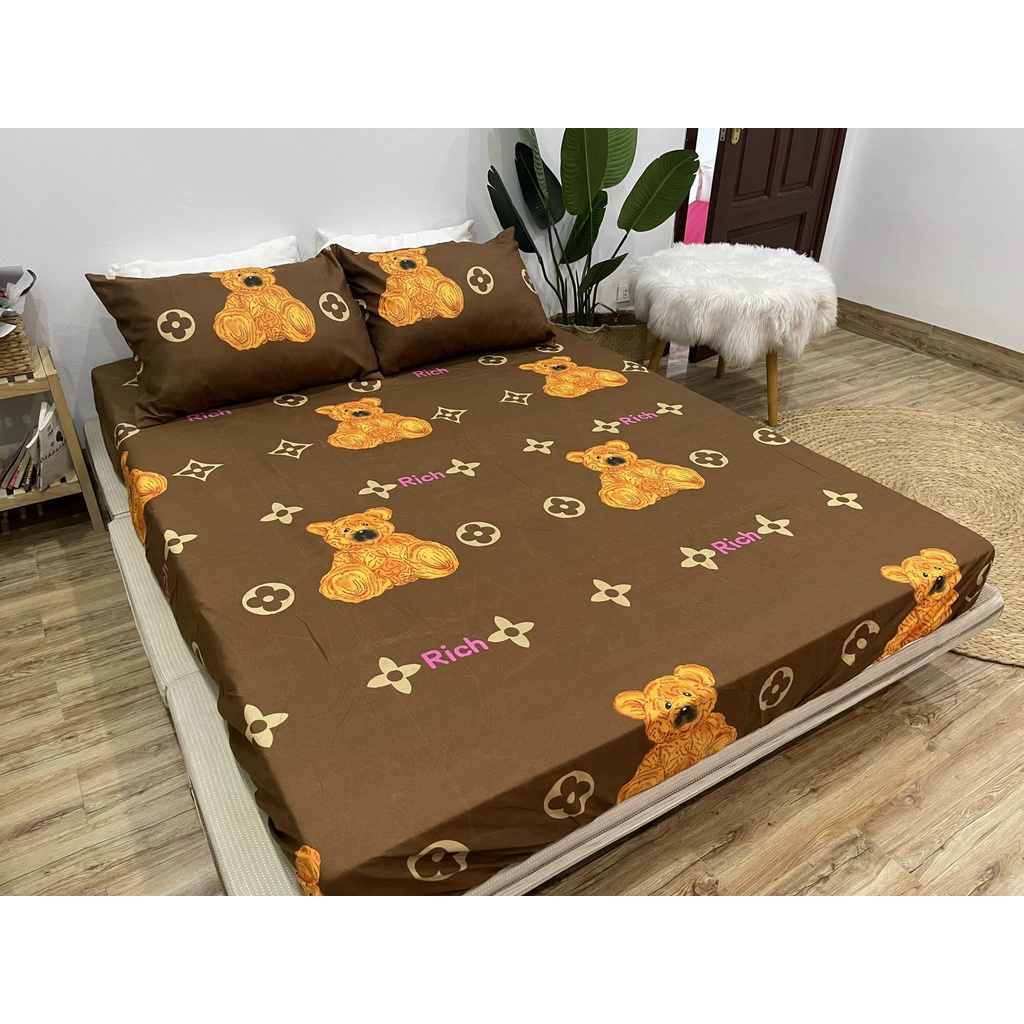 set 3 món ga gối cotton EMMIBEDDING STORE mẫu gấu NÂU gồm 1 ga và 2 vỏ gối nằm