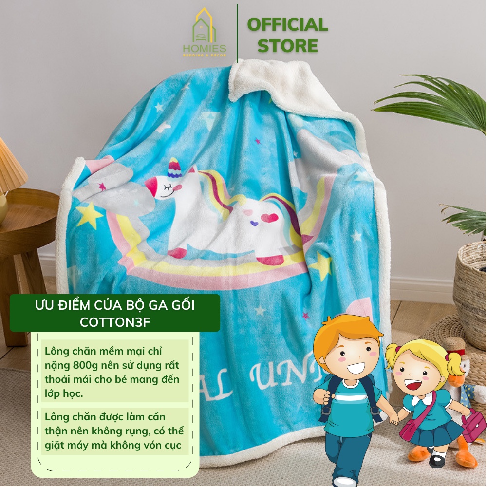 Chăn Lông Cừu HOMIES Bedding &amp; Décor 2 Lớp Cho Bé Đến Trường Họa Tiết Đa Dạng - Kích Thước 1m x 1m4
