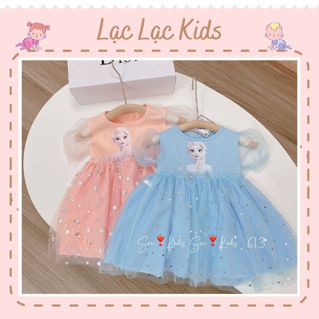 Váy Elsa hình 3d cotton 3 lớp phối ren mềm mịn
