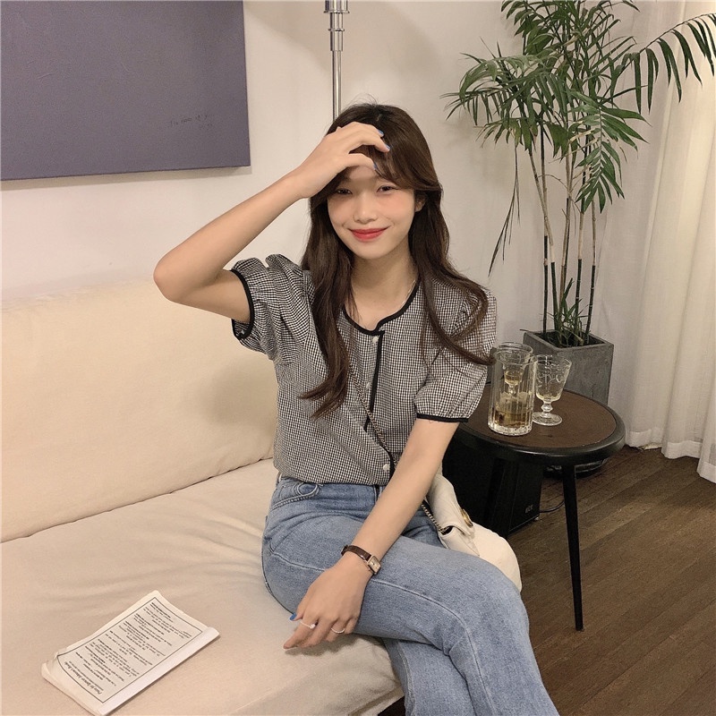 SUXI Áo Kiểu Tay Ngắn Cổ Tròn Kẻ Sọc Ca Rô Thời Trang Mùa Hè Dành Cho Nữ