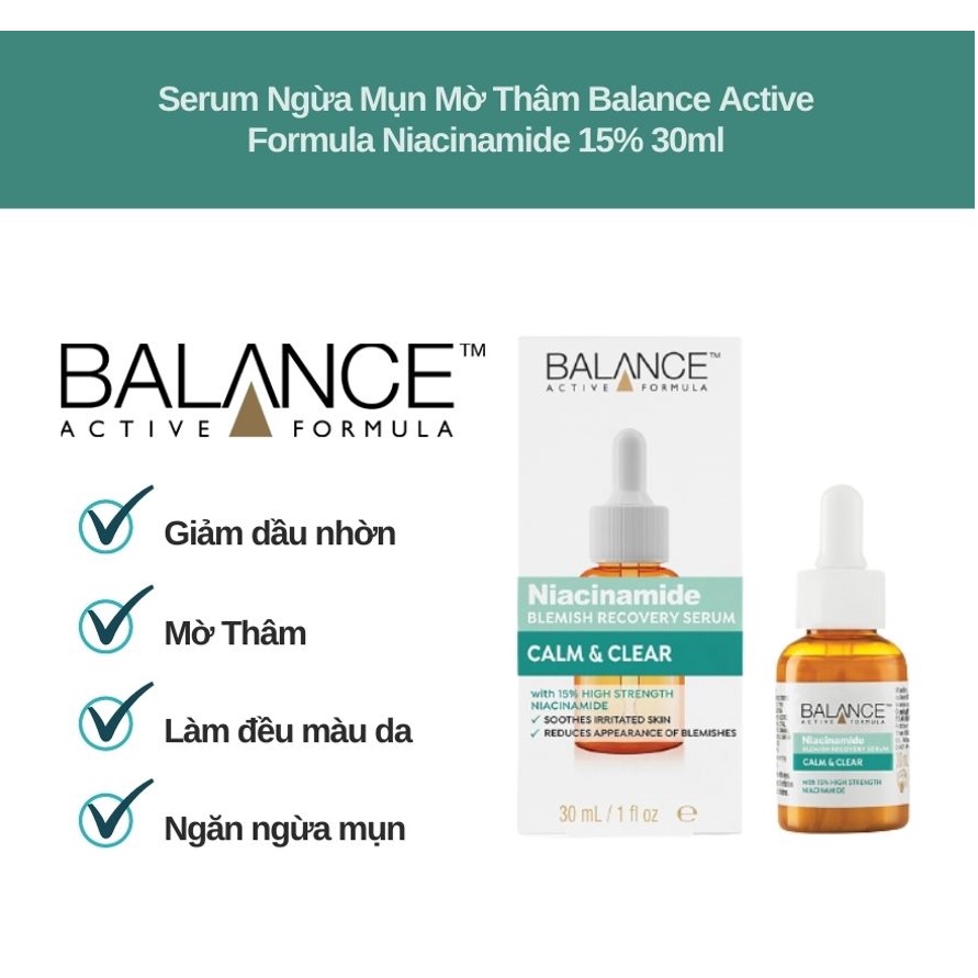 Serum ngừa mụn, mờ thâm Balance Niacinamide 15% Blemish Recovery 30ml [NHẬP KHẨU CHÍNH HÃNG 100%]