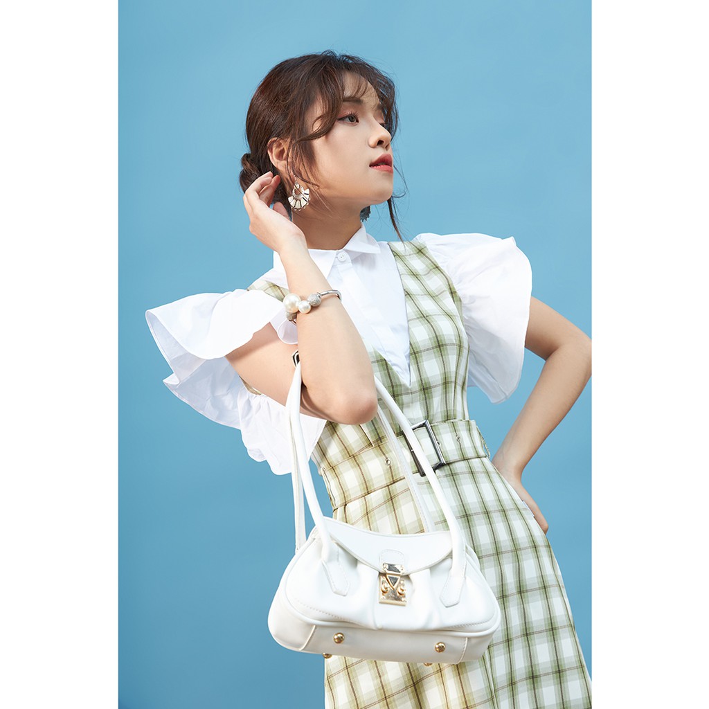Đầm ngắn tay sọc caro phối áo trắng có đai DEW0565 - 92WEAR | BigBuy360 - bigbuy360.vn