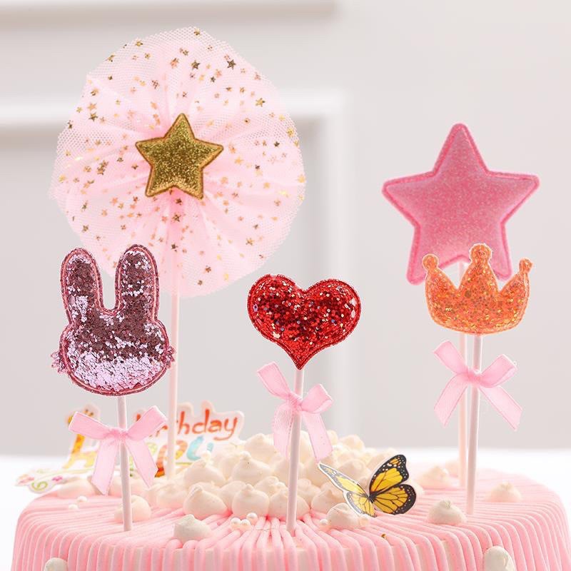 Set que cắm tai thỏ vương miện tim sao trang trí bánh kem, topper cake