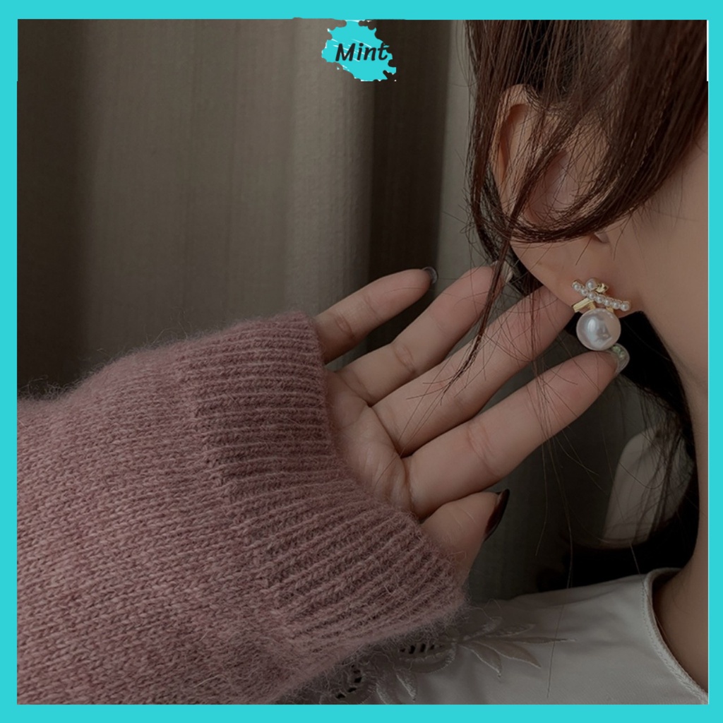 Bông Tai Ngọc Trai Giả ❤️KHÔNG GÂY DỊ ỨNG❤️ Khuyên Tai Chữ X Chuôi Bạc S925 Phong Cách Hàn Quốc