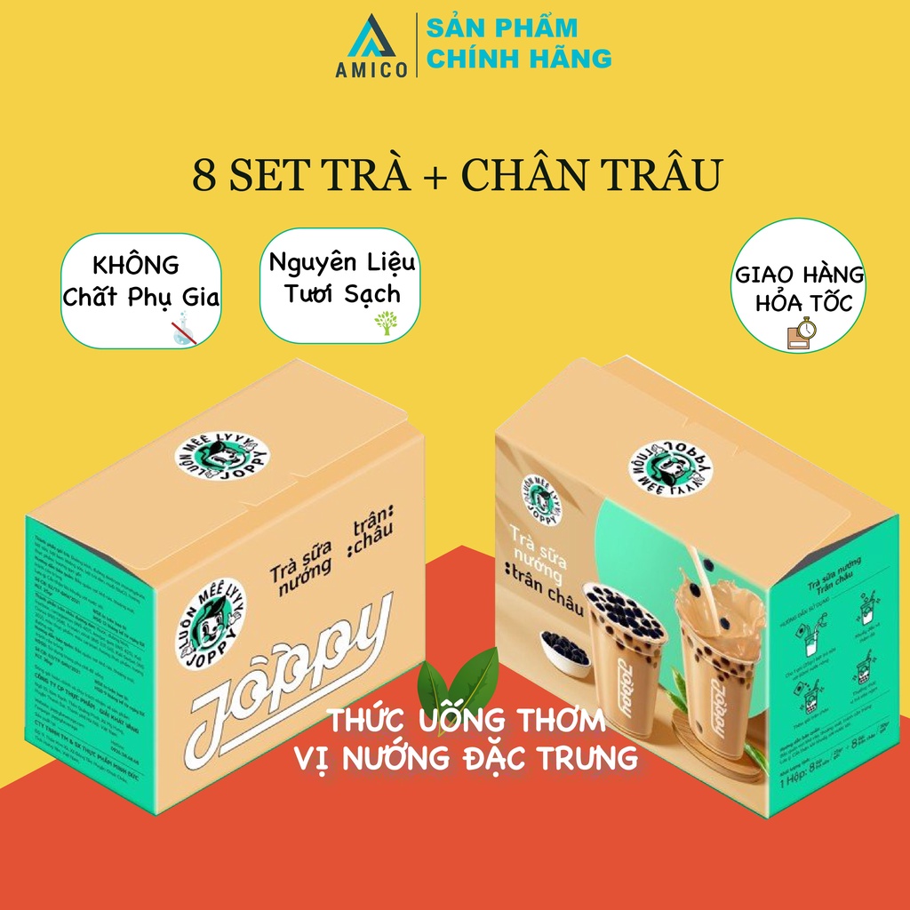 Set 8 Gói Trà Sữa Nướng Trân Châu Joppy Thơm Vị Nướng Đặc Trưng, Hộp Trà Sữa Trân Châu Tự Pha Tại Nhà - Amico