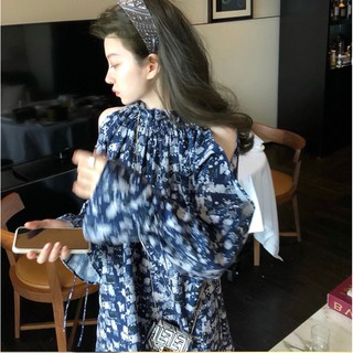 [HÀNG ORDER VỀ SAU TẾT] Váy hoa nhí chất liệu thun co giãn 4 chiều hở vai màu xanh dương siêu hot hit