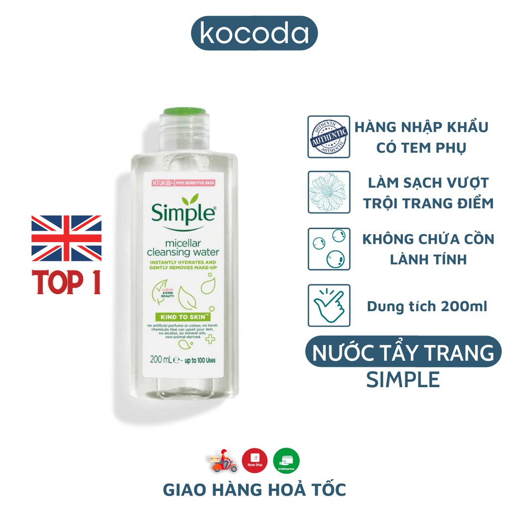 Nước tẩy trang Simple Micellar làm sạch trang điểm vượt trội - không chứa cồn gây khô rát 200ml - KOCODA