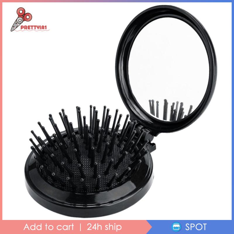 Lược Chải Tóc Kèm Gương Tròn Màu Đen Chống Tĩnh Điện Prettyia1