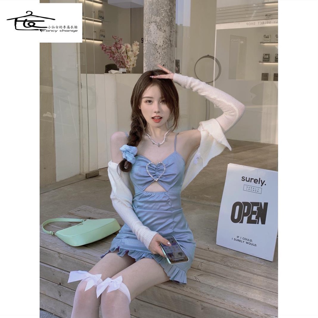 Đầm Hai Dây Ngắn Ôm Dáng Họa Tiết Trái Tim Đính Kim Cương Giả Thời Trang Mùa Hè Cho Nữ