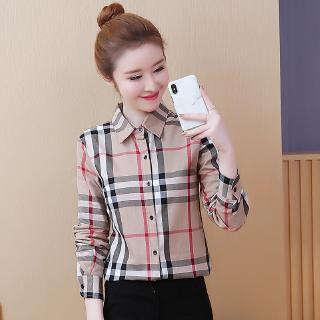 Áo Sơ Mi Tay Dài Họa Tiết Sọc Caro Thời Trang Cho Nữ