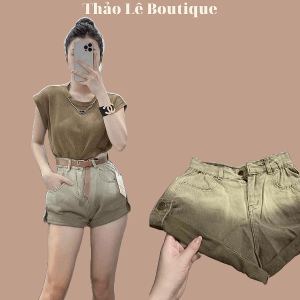 Quần Sooc Jean Loang Gập Gấu Nữ Màu Nâu - Hl