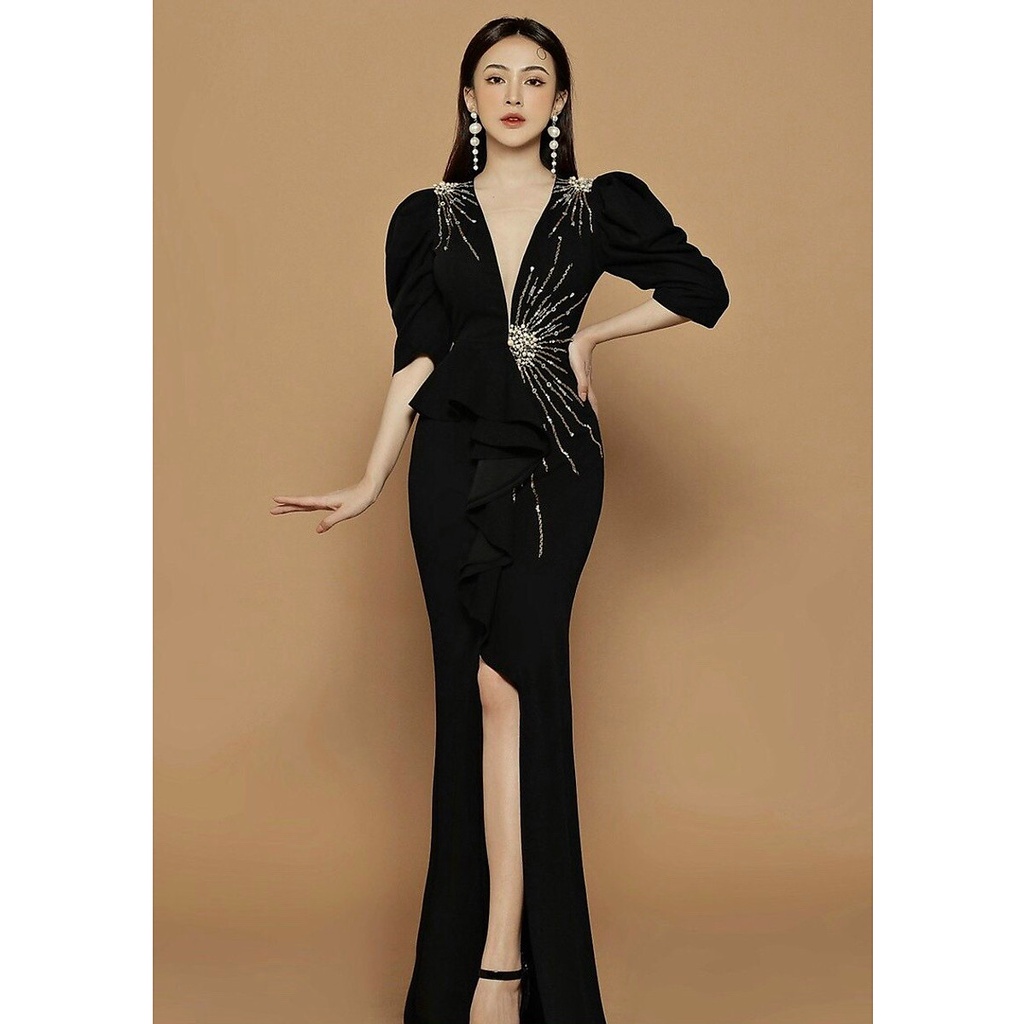 đầm dạ hội xẻ tà cổ v cao cấp