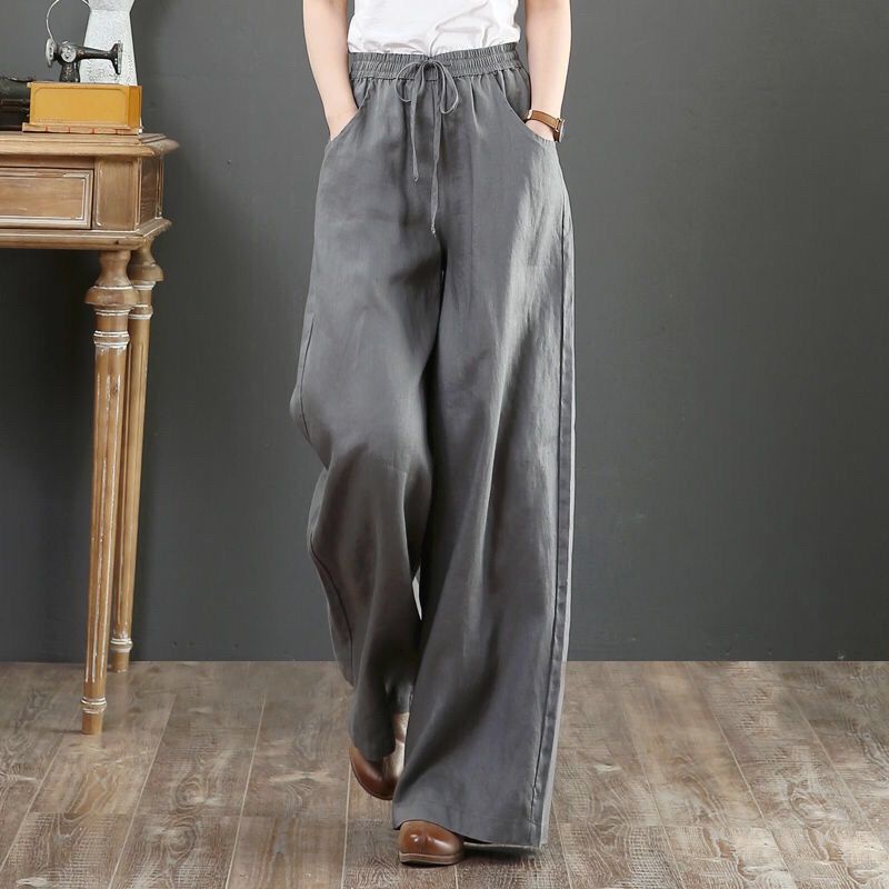 Quần Ống Rộng Lưng Cao Chất Liệu 100% cotton Lanh Kiểu Dáng Thời Trang Mùa Hè Mới Cho Nữ Có size Lớn