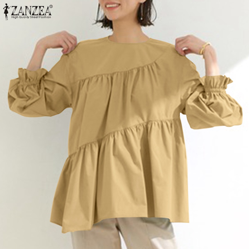 Áo kiểu Zanzea tay phồng dài cổ tròn màu trơn thời trang cho nữ