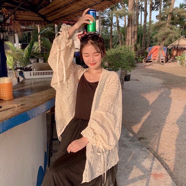 Áo Khoác Cardigan Ren Tay Nơ Đi Biển ❤️freeship ❤️ ảnh thật