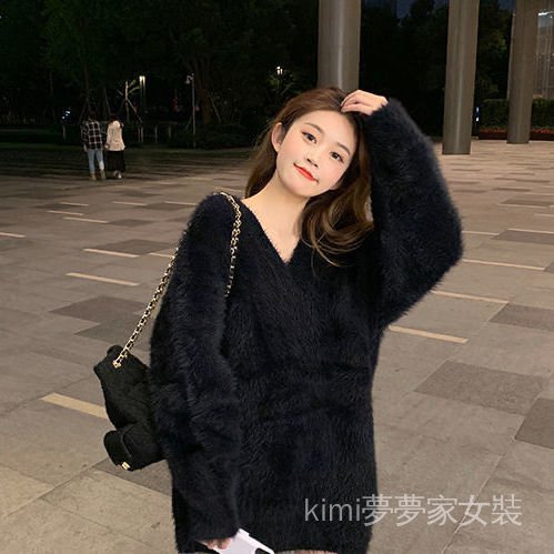 Áo Len Lông Chồn Cổ Chữ V Dáng Rộng Màu Đen Phong Cách Retro Cho Nữ
