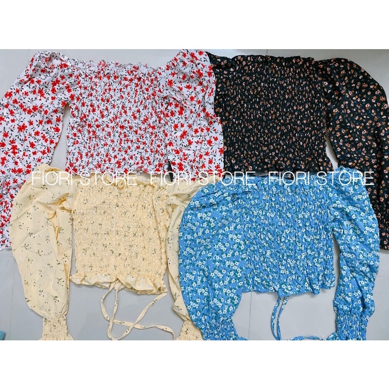 Áo croptop hoa rút dây trễ vai tay dài loe phồng kiểu dáng tiểu thư 2099 FIORI STORE