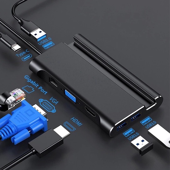 HUB Kiêm Dock Type-C Ra HDMI,VGA,LAN,3 Cổng USB 3.0 Hỗ Trợ Power Delivery