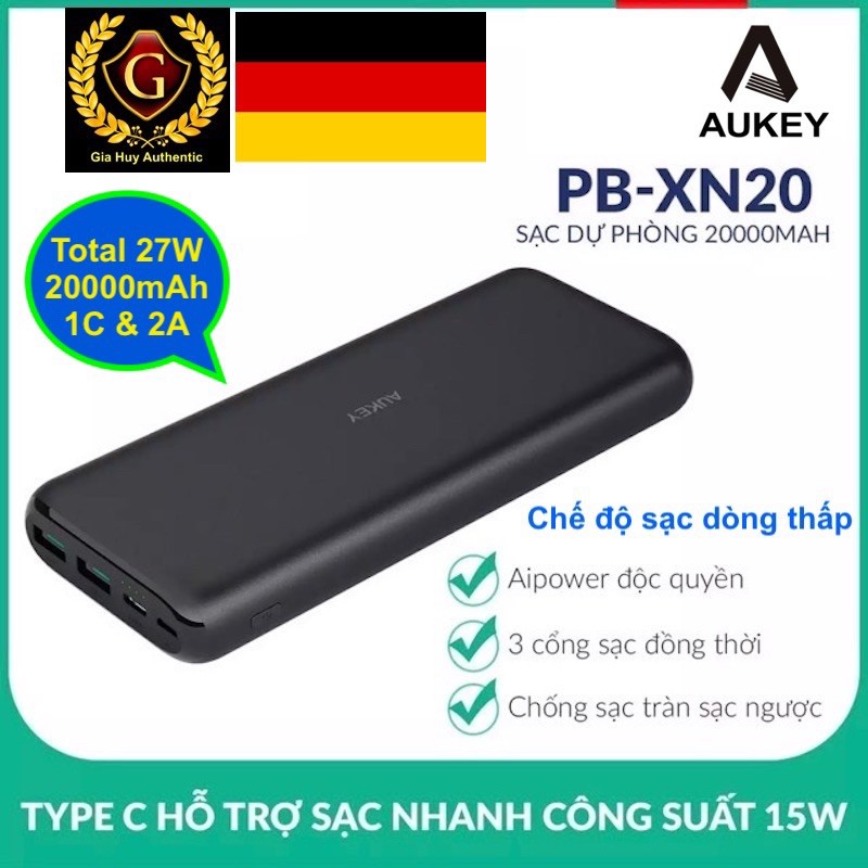 Pin sạc dự phòng AUKEY PB-XN20 20000mAh - 03 cổng sạc, tích hợp USB-C 15W In/Out
