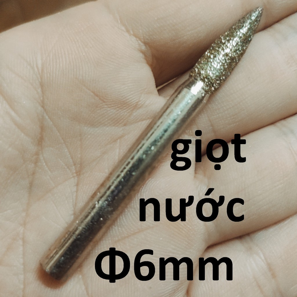 Mũi mài kim cương, mũi mài khắc đá, ngọc, hình giọt nước 6mm, cán 6mm
