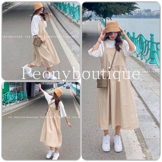 Set Yếm Váy Be Form Rộng PEONYB Nữ [FREESHIP] 🌸 Đầm 2 dây dáng suông kèm áo thun tay lỡ, phông trơn màu trắng Ulzzang 🌸