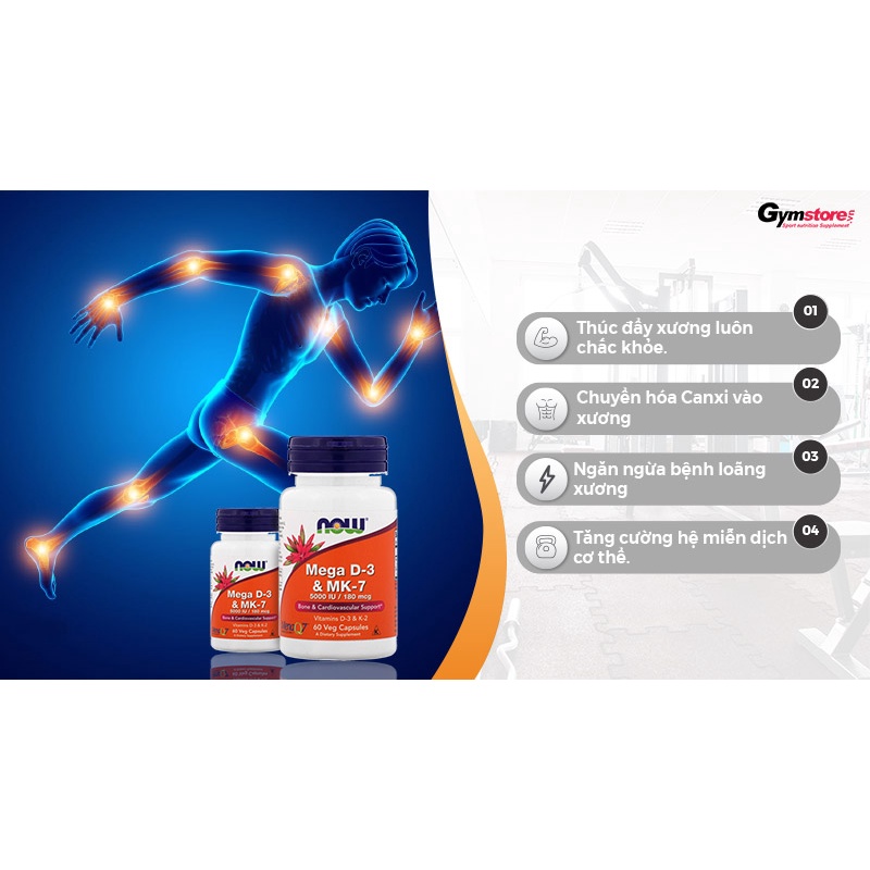Viên uống Vitamin Now Mega D-3 & K-7 nhập Mỹ - Gymstore hỗ trợ tổng hợp Canxi, chống loãng xương