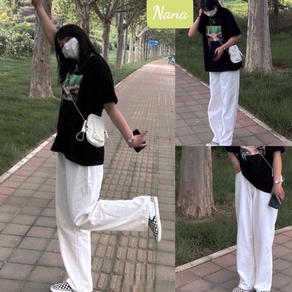 Set Áo Thun Đen Quần Kaki Trắng Nữ/ Bộ đồ phông form rộng tay lỡ cotton suông ống rộng Ulzzang