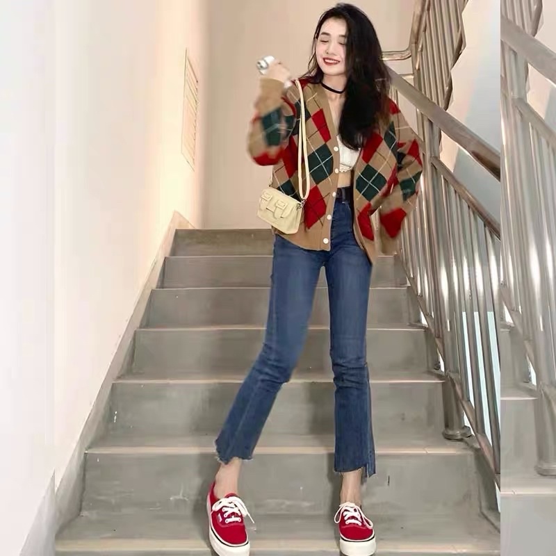 Kumi.vn SẴN áo khoác len cardigan họa tiết trám kim cương màu xanh lá/ nâu/ đen phong cách Hàn Quốc | BigBuy360 - bigbuy360.vn