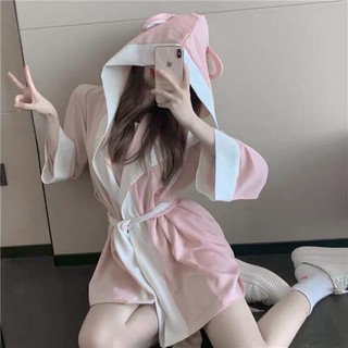 Bộ đồ ngủ màu hồng dễ thương đầm 2 dây + áo choàng pijama hồng tay dài có nón tai mèo cột dây ulzzang