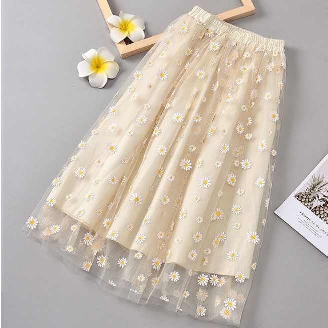 Chân Váy Dài Qua Gối Họa Tiết Hoa Cúc Nhỏ Thời Trang Mùa Hè Cho Bé Gái