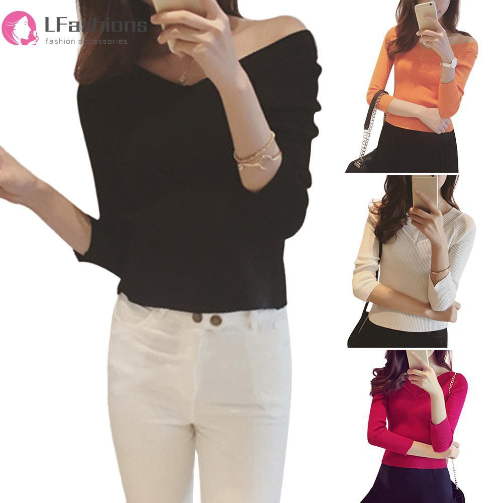 [Lfashions] Autumn Women Off Shoulder V-Neck Knit Tops Long Sleeve Pullover Sweaters | BigBuy360 - bigbuy360.vn