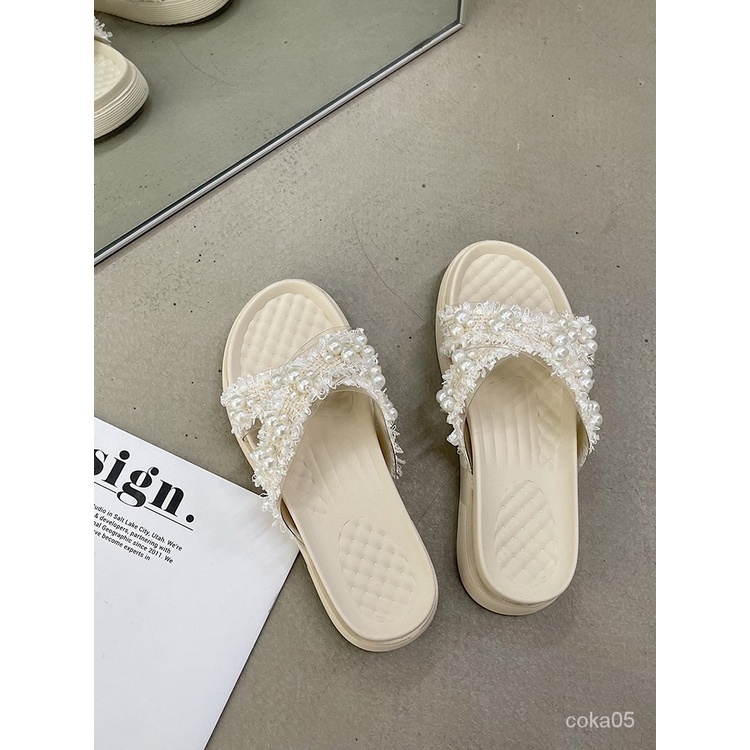 2021Spring and Summer New Comfort Cross Statement Slippers Women's Outdoor Wear Indoor Fashion Not Tired Feet Pearl All-Match Women's Shoes