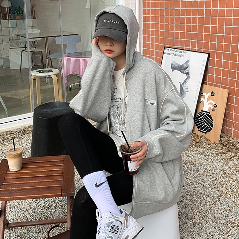 Áo khoác cardigan dáng rộng phối khóa kéo phong cách Hàn Quốc thời trang mùa thu mới