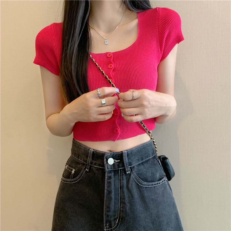 Áo croptop dệt kim cổ vuông ANDIEN nhiều màu hottrend phong cách Hàn Quốc WOO-0822-21