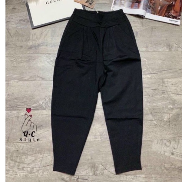 Quần baggy nữ công sở cạp chun vải UMI co giãn màu đen ống bó lưng thun dáng dài - Quần tây nữ lưng cao đi học ống côn