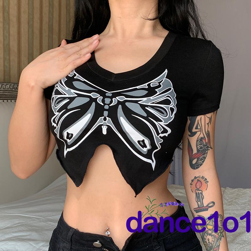 ☌OF✲Women Summer V-neck Short Sleeve Butterfly Pattern Print Crop Tops