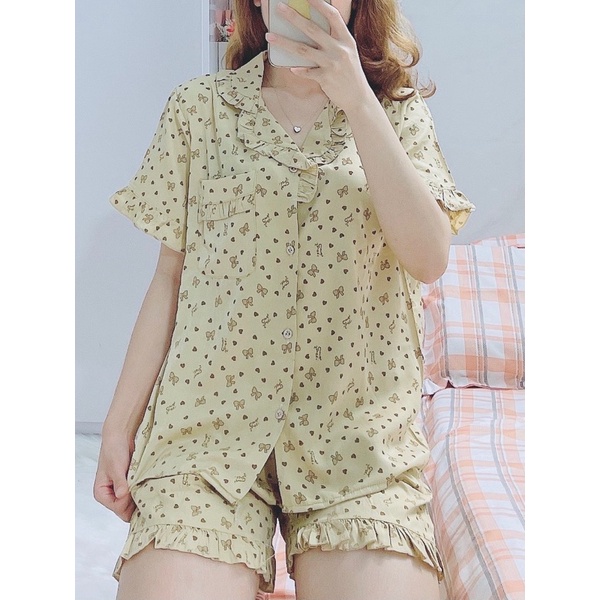 Bộ pijama xinh Bộ mặc nhà vải thô đũi dễ thương áo cộc quần đùi phối bèo nhún - có 10 hoạ tiết