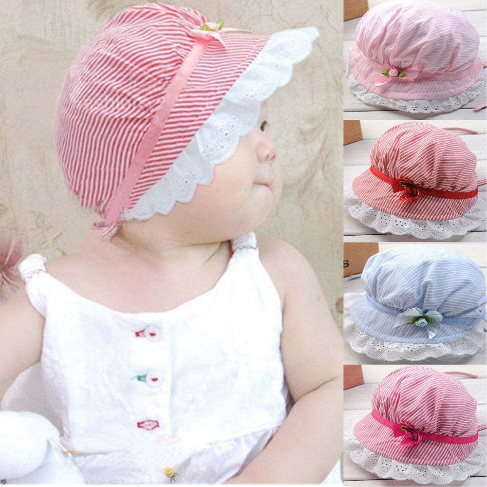 Mũ bucket vải cotton phối ren hoa kẻ sọc xinh xắn thời trang mùa hè cho bé gái