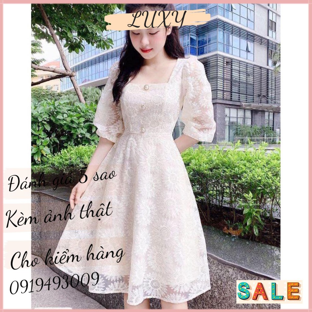 [Đầm dự tiệc] Đầm ren trắng cổ vuông hoa cúc, váy đẹp siêu xinh Doris Dress | BigBuy360 - bigbuy360.vn