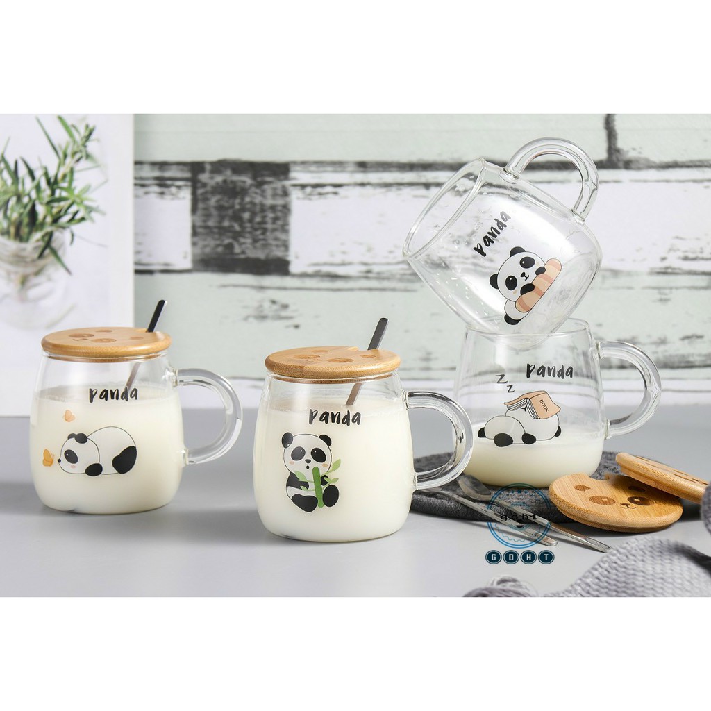 [ kèm feedback ] Cốc thủy tinh chịu nhiệt kèm nắp đậy tạo hình cute  và thìa - ly thuỷ tinh chịu nhiệt uống trà,cafe,...
