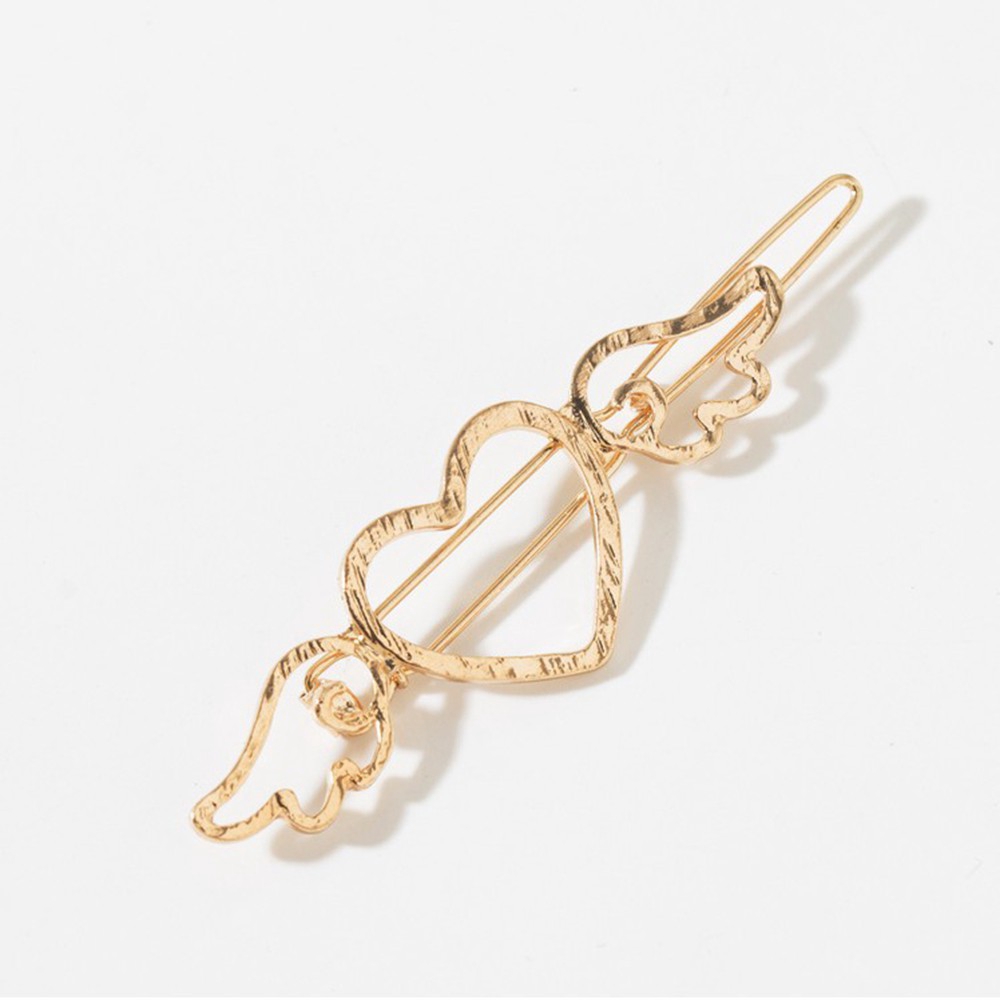 Kẹp tóc kim loại màu vàng kim/bạc thiết kế kiểu rỗng phong cách Retro hình trái tim đôi cánh