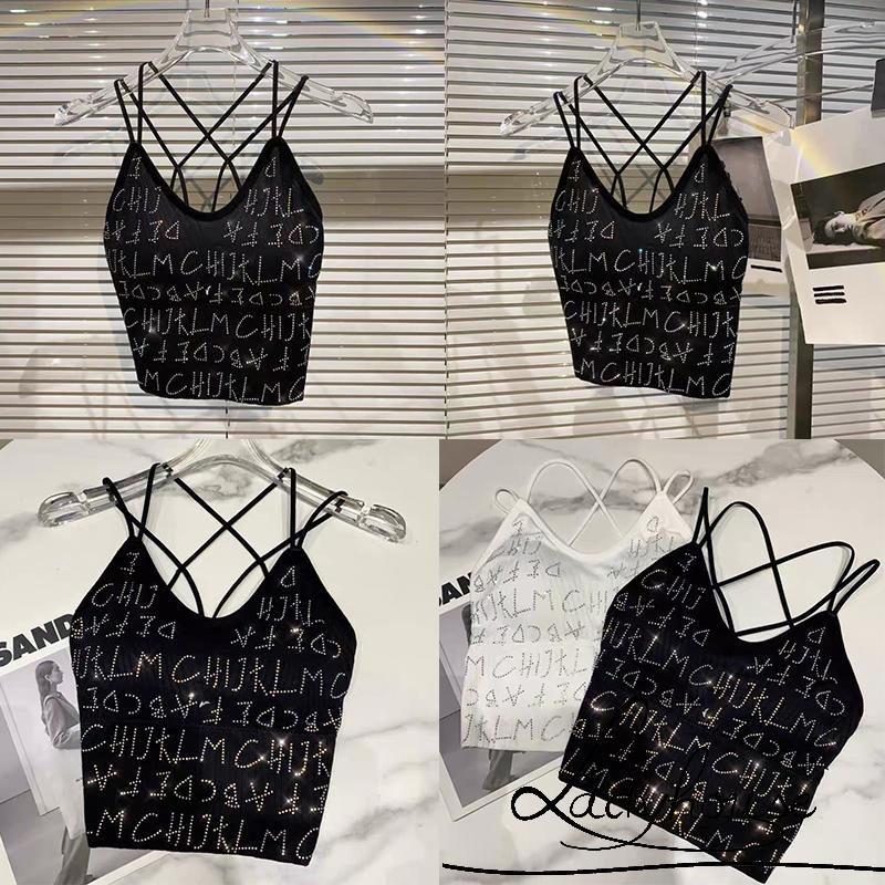 Áo Hai Dây Ôm Dáng In Chữ Đính Đá Có Đệm Ngực Gợi Cảm Cho Nữ