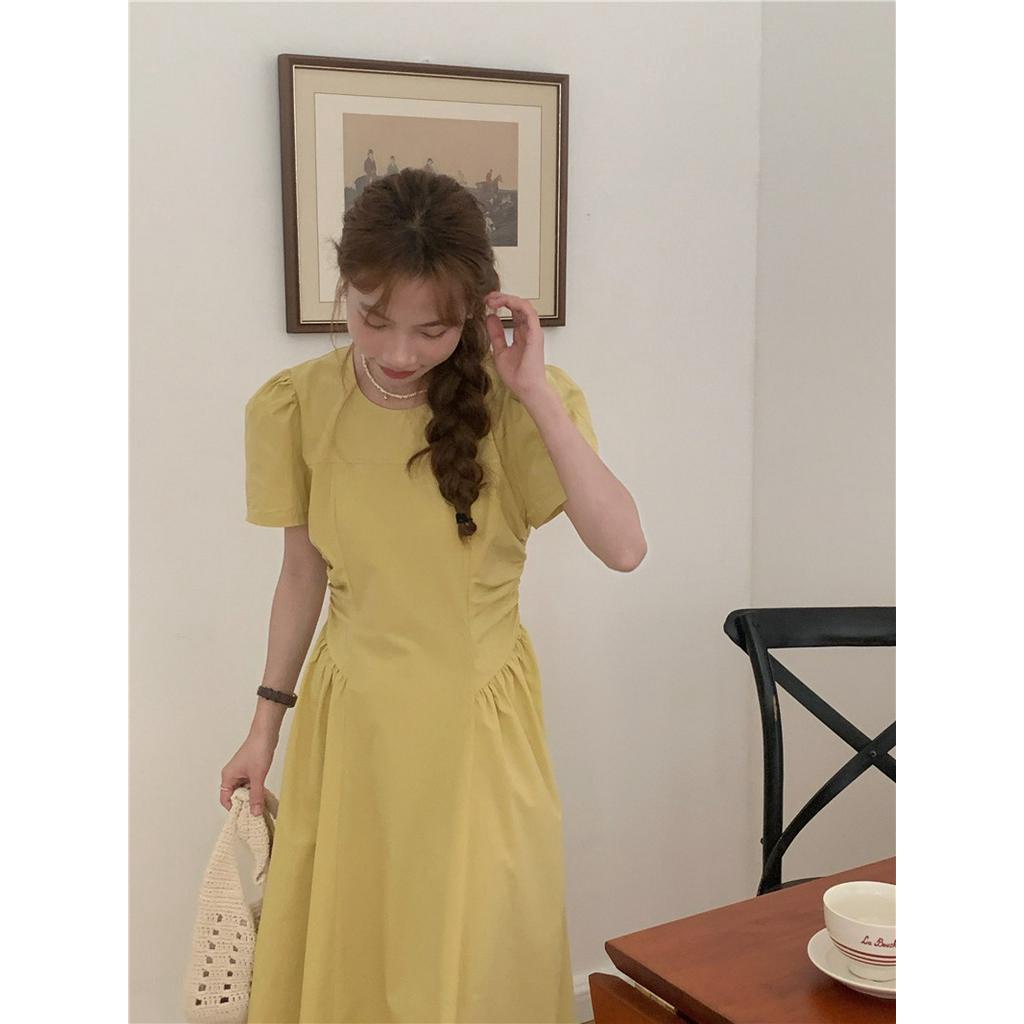 Đầm Dài Vừa Vặn Cổ Tròn Màu Trơn Phong Cách Hàn Quốc 53242 2 Màu Sắc Tùy Chọn