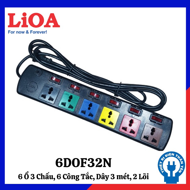 [chính hãng] Ổ cắm điện 6 lỗ 6 công tắc LIOA Model 6DOF32N, ~2000W, dây dài 3m